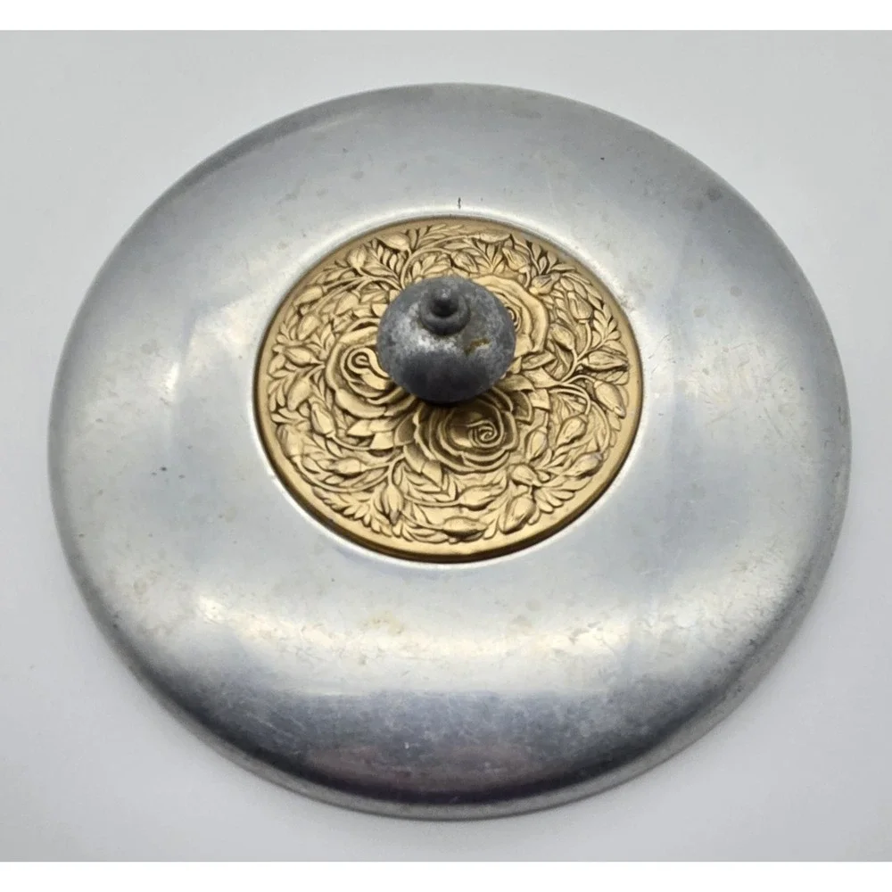 Vintage Aluminum‎ Lidded Casserole Dish 8in Brass Floral Medallion MCM Decor